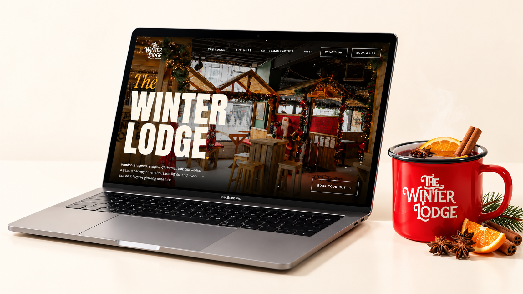 The Winter Lodge website in a festive scene