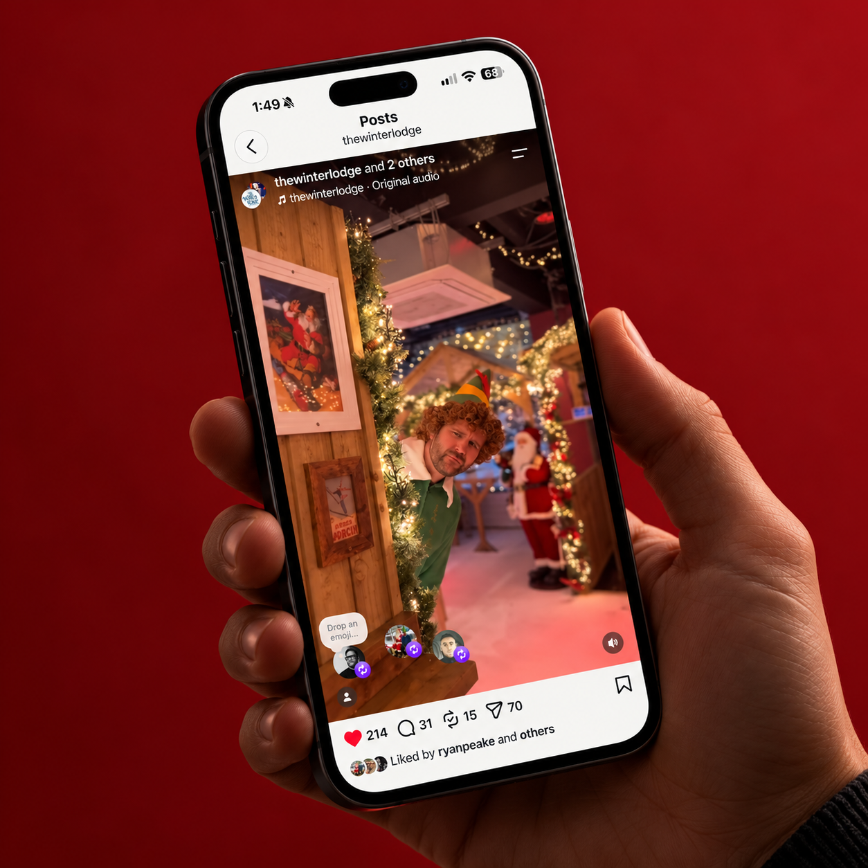 A Winter Lodge Instagram reel on a smartphone